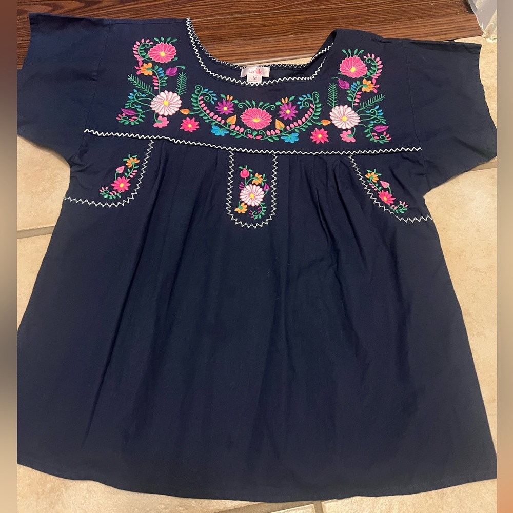 Womens Navy embroidered floral top blouse